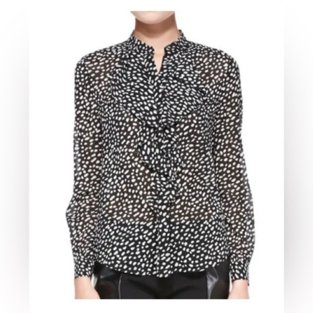 Tory Burch Black White Silk Ruffle Front Blouse Abstract Dot Print Size 2